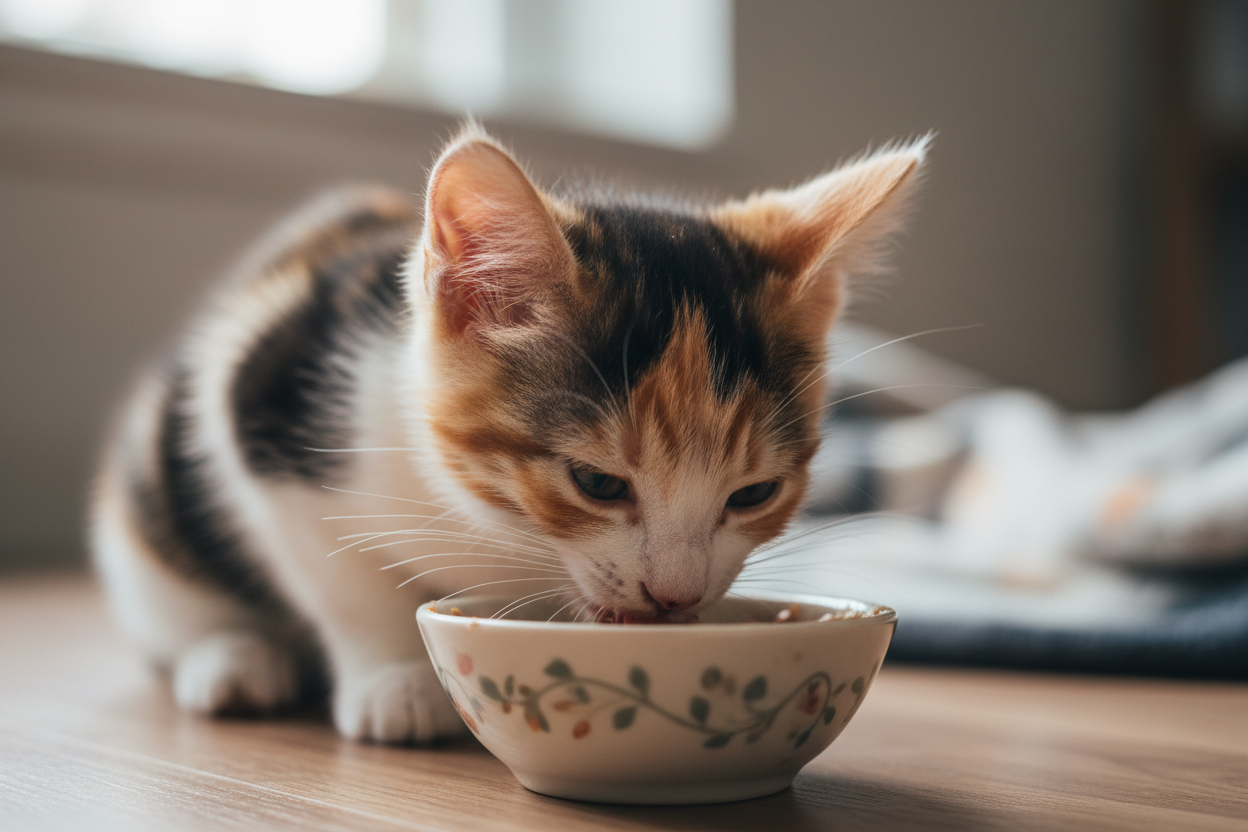 a female kitten ( calico) eating food 